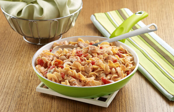 Italian Salmon Skillet with Noodles An egg noodle recipe with fresh salmon, tomatoes, white beans and white wine