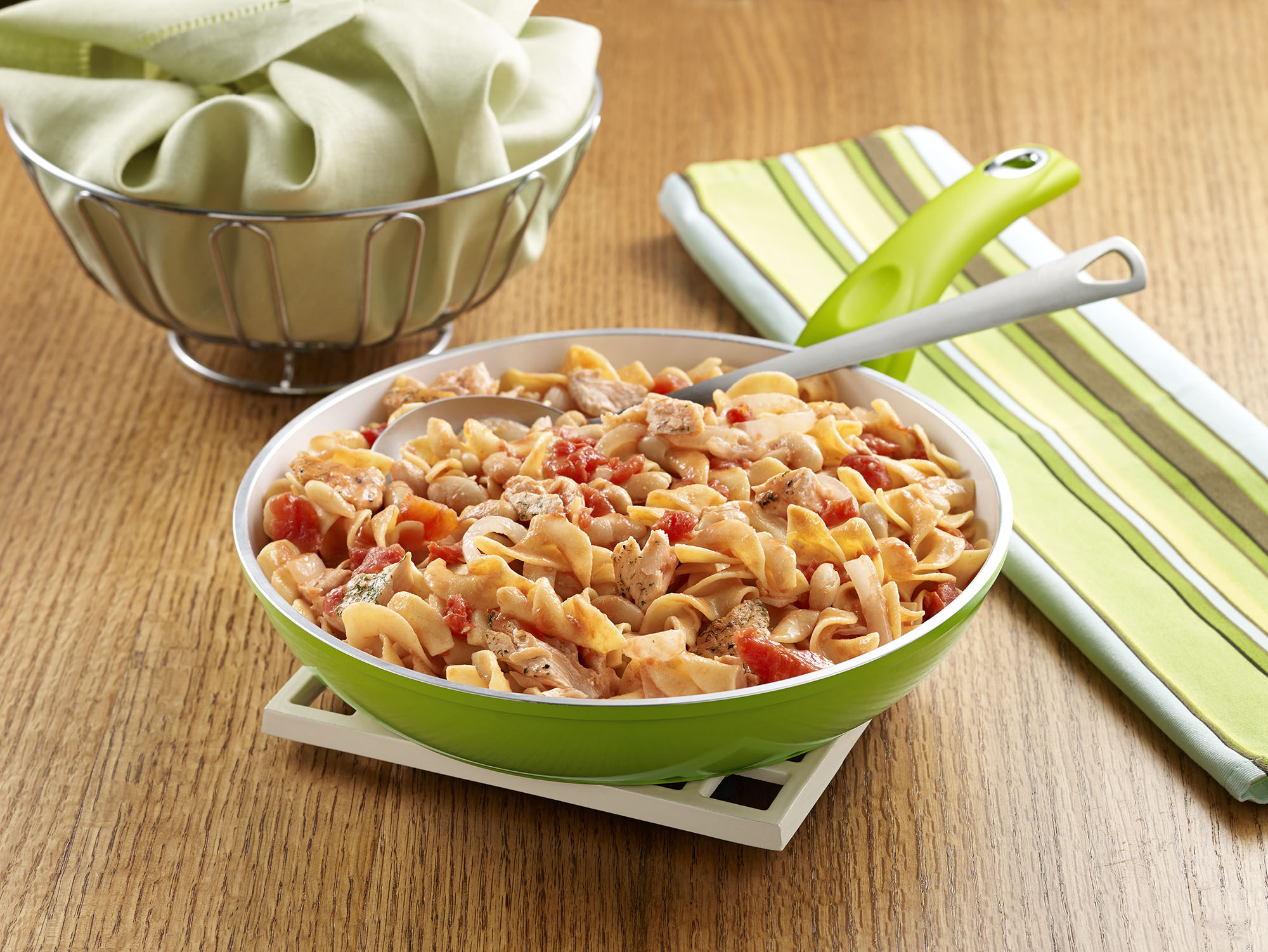 Italian Salmon Skillet with Noodles An egg noodle recipe with fresh salmon, tomatoes, white beans and white wine